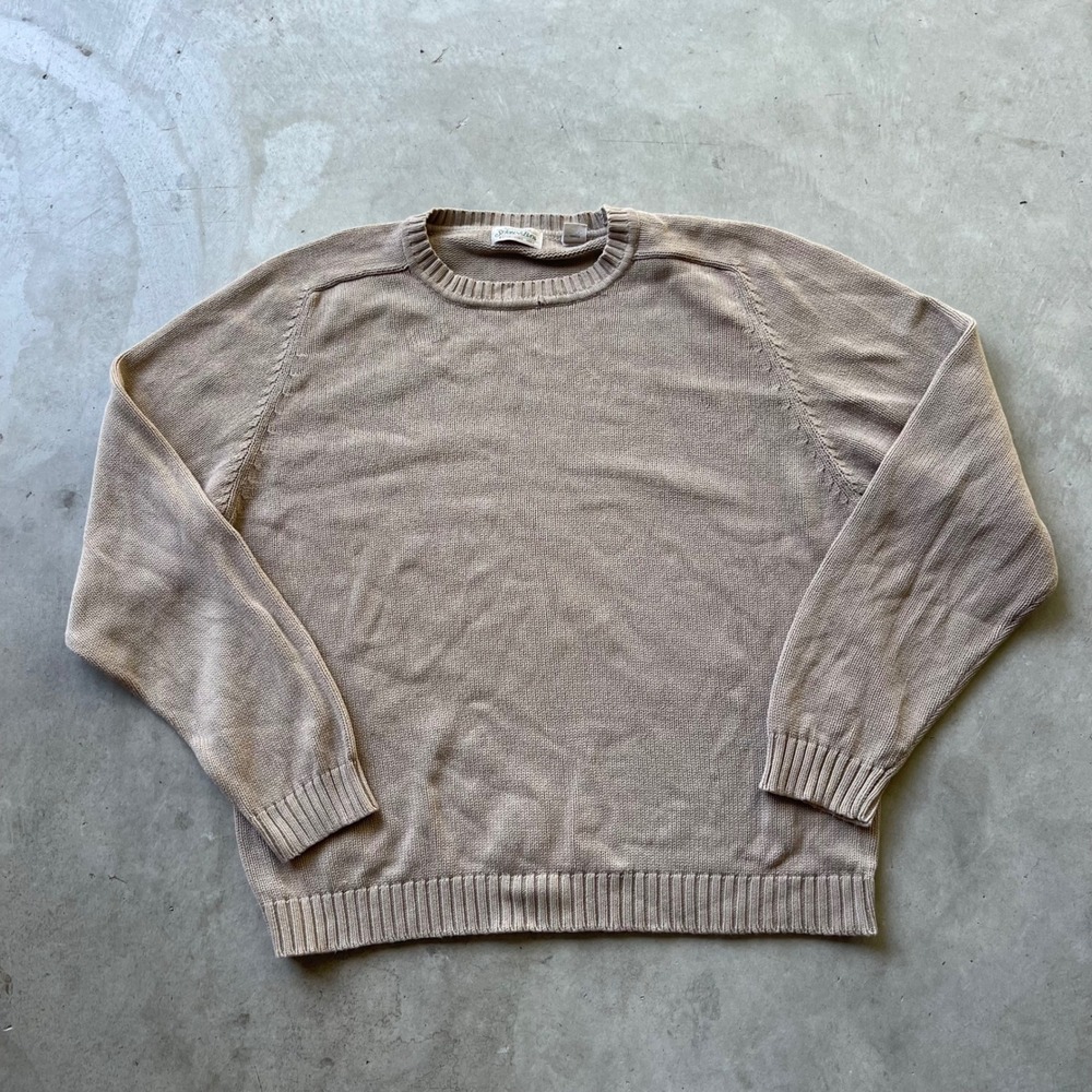 St Johns Bay Mens LT Tan Shaker Knit Cotton Crewneck Raglan Sweater Distressed